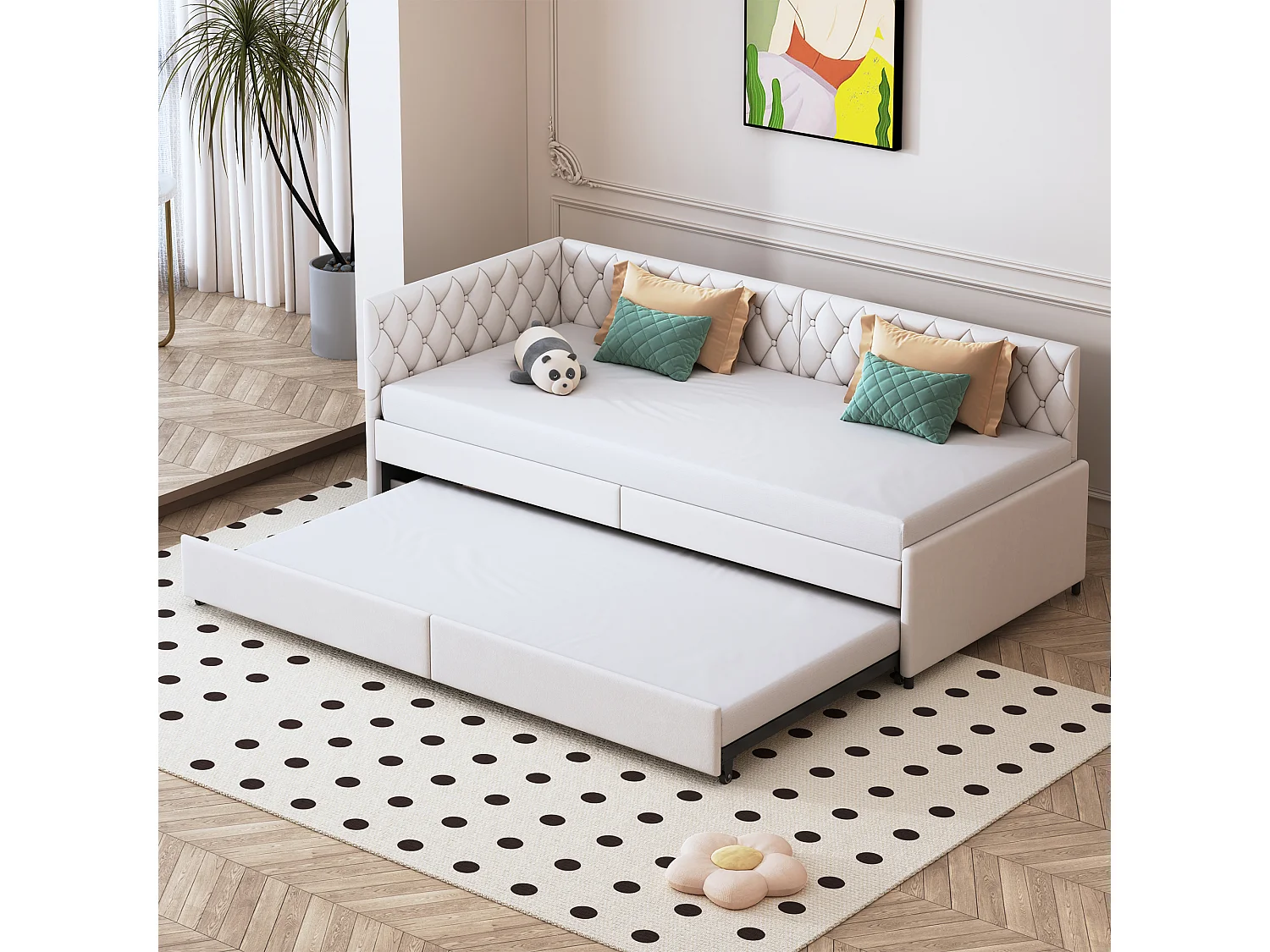 Canapé-lit extensible - Canapés de séjour - Tissu de velours Lit d'invité avec cadres à lames-cadre de canapé-lit rembourré tirable - 90x200cm - Beige