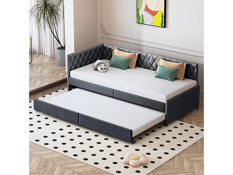 Canapés tirables en velours lit rembourré pour salon chambre à coucher - 90x200cm avec cadre à lames cadre de lit multifonctionnel - gris