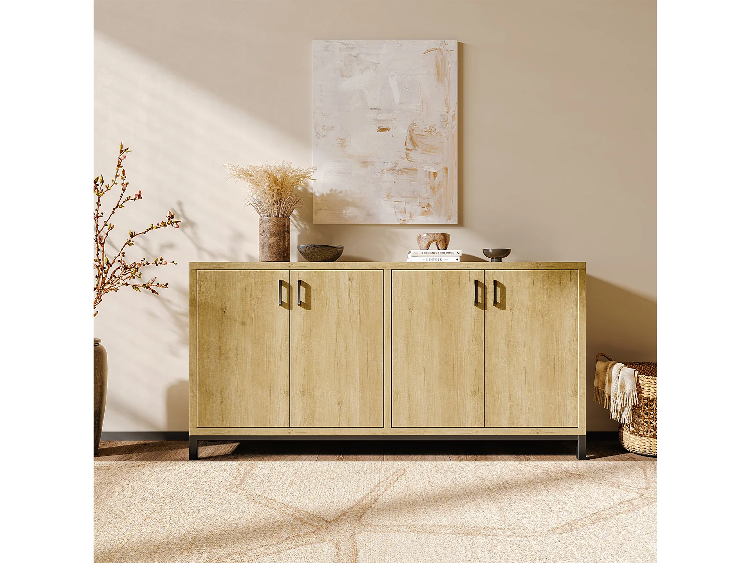 Armoire-commode en bois avec 4 portes Cabinet -Antique Cabinet à manger-couloir Salon Armoires de rangement