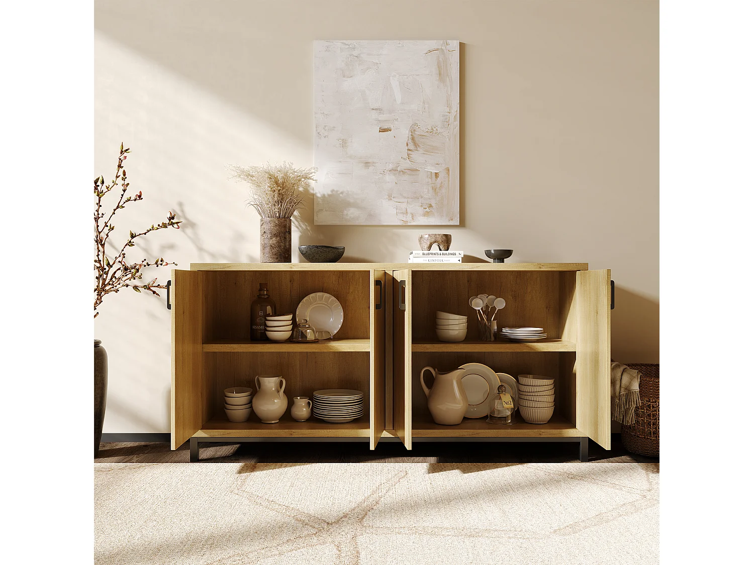 Armoire-commode en bois avec 4 portes Cabinet -Antique Cabinet à manger-couloir Salon Armoires de rangement