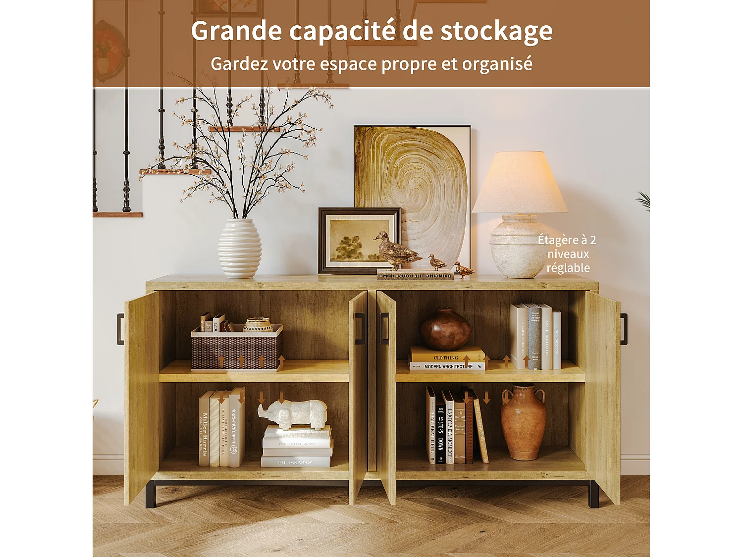 Armoire-commode en bois avec 4 portes Cabinet -Antique Cabinet à manger-couloir Salon Armoires de rangement