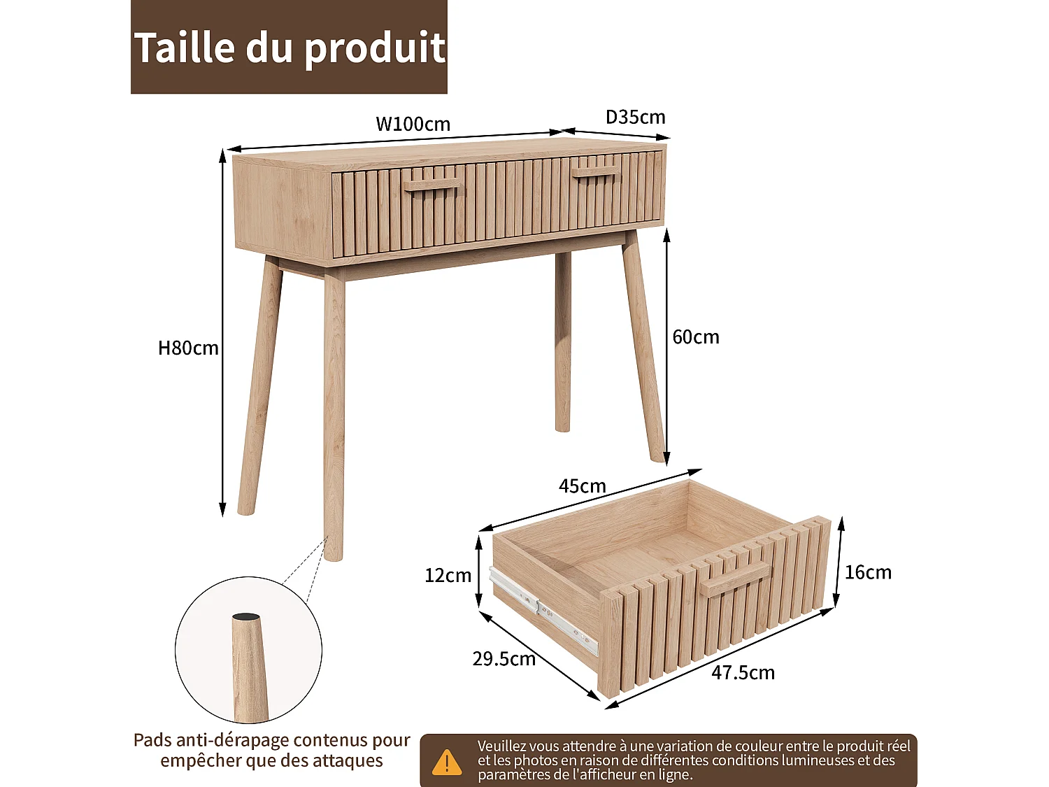 Table de console en bois naturel avec 2 tiroirs de conception de rainure verticale - table d'entrée du milieu du siècle - table de canapé pour le salon
