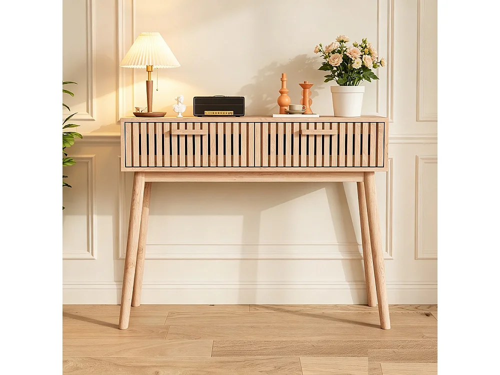 Table de console en bois naturel avec 2 tiroirs de conception de rainure verticale - table d'entrée du milieu du siècle - table de canapé pour le salon