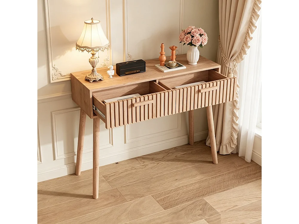 Table de console en bois naturel avec 2 tiroirs de conception de rainure verticale - table d'entrée du milieu du siècle - table de canapé pour le salon