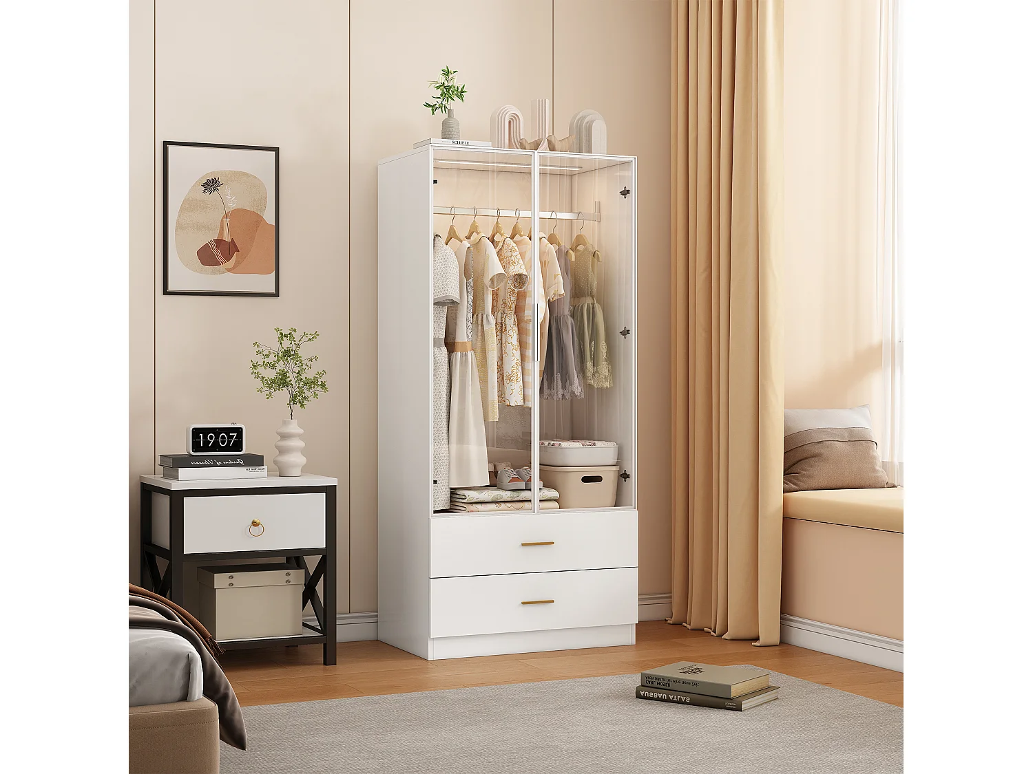 Armoire-Armoire avec éclairage LED et portes en verre-Armoire pour vêtements avec 2 tiroirs-Closets ouverts-Blanc