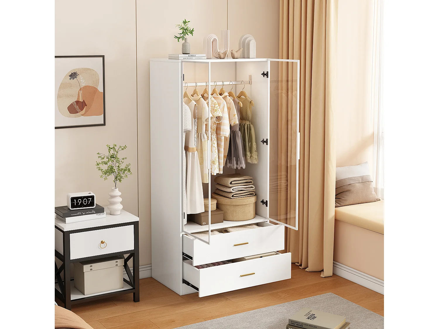 Armoire-Armoire avec éclairage LED et portes en verre-Armoire pour vêtements avec 2 tiroirs-Closets ouverts-Blanc