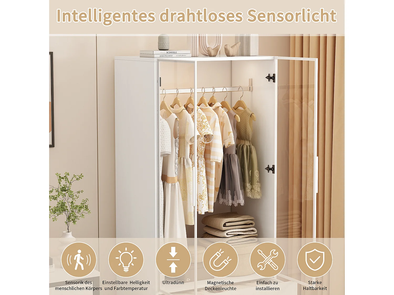 Armoire-Armoire avec éclairage LED et portes en verre-Armoire pour vêtements avec 2 tiroirs-Closets ouverts-Blanc