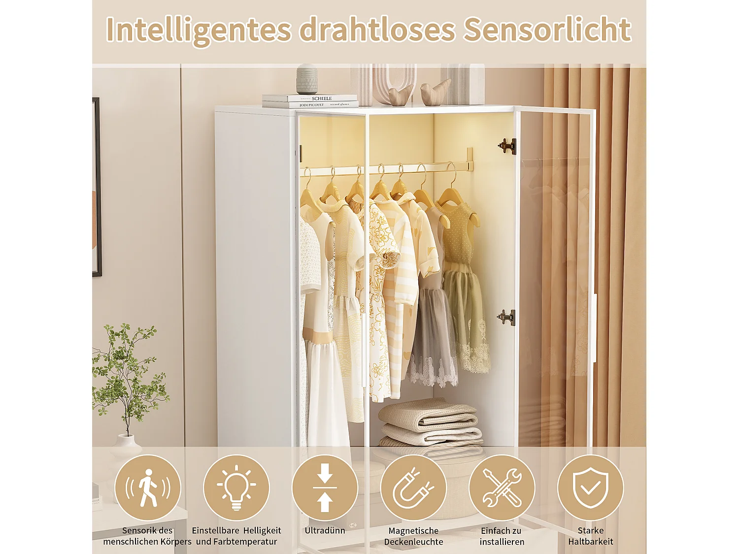 Armoire-Armoire avec éclairage LED et portes en verre-Armoire pour vêtements avec 2 tiroirs-Closets ouverts-Blanc