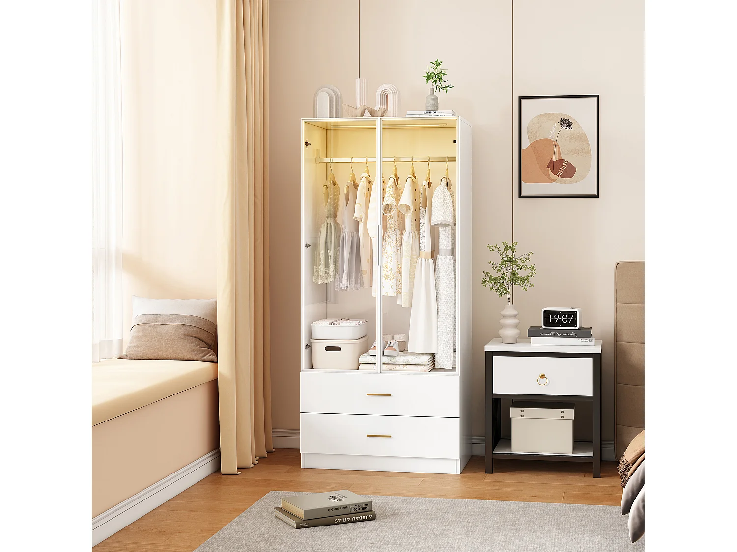 Armoire-Armoire avec éclairage LED et portes en verre-Armoire pour vêtements avec 2 tiroirs-Closets ouverts-Blanc