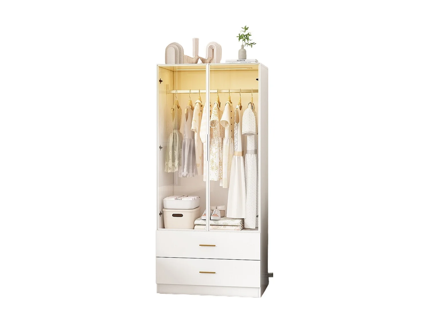 Armoire-Armoire avec éclairage LED et portes en verre-Armoire pour vêtements avec 2 tiroirs-Closets ouverts-Blanc