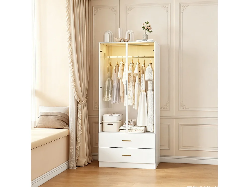 Armoire-Armoire avec éclairage LED et portes en verre-Armoire pour vêtements avec 2 tiroirs-Closets ouverts-Blanc