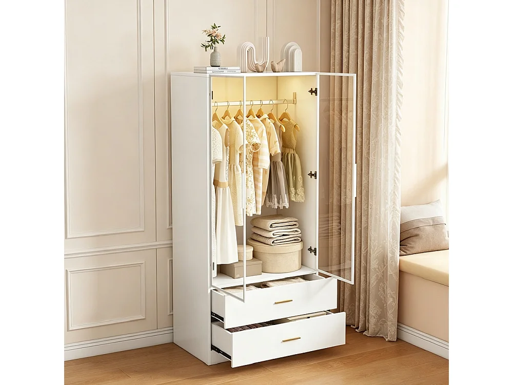 Armoire-Armoire avec éclairage LED et portes en verre-Armoire pour vêtements avec 2 tiroirs-Closets ouverts-Blanc