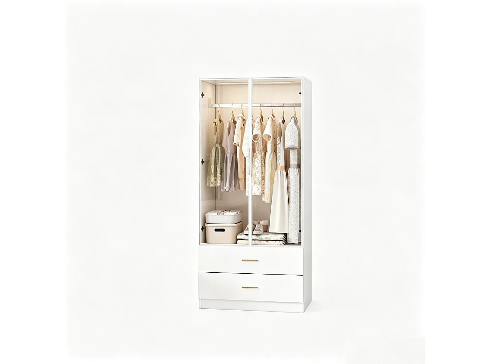 Armoire-Armoire avec éclairage LED et portes en verre-Armoire pour vêtements avec 2 tiroirs-Closets ouverts-Blanc