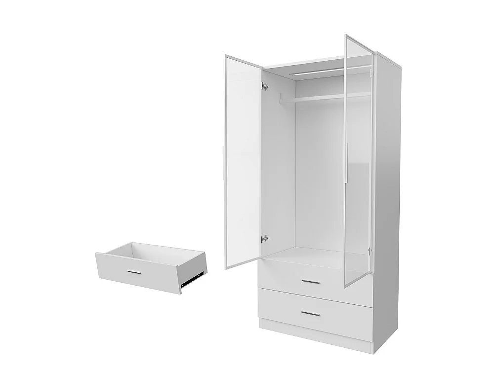 Armoire-Armoire avec éclairage LED et portes en verre-Armoire pour vêtements avec 2 tiroirs-Closets ouverts-Blanc