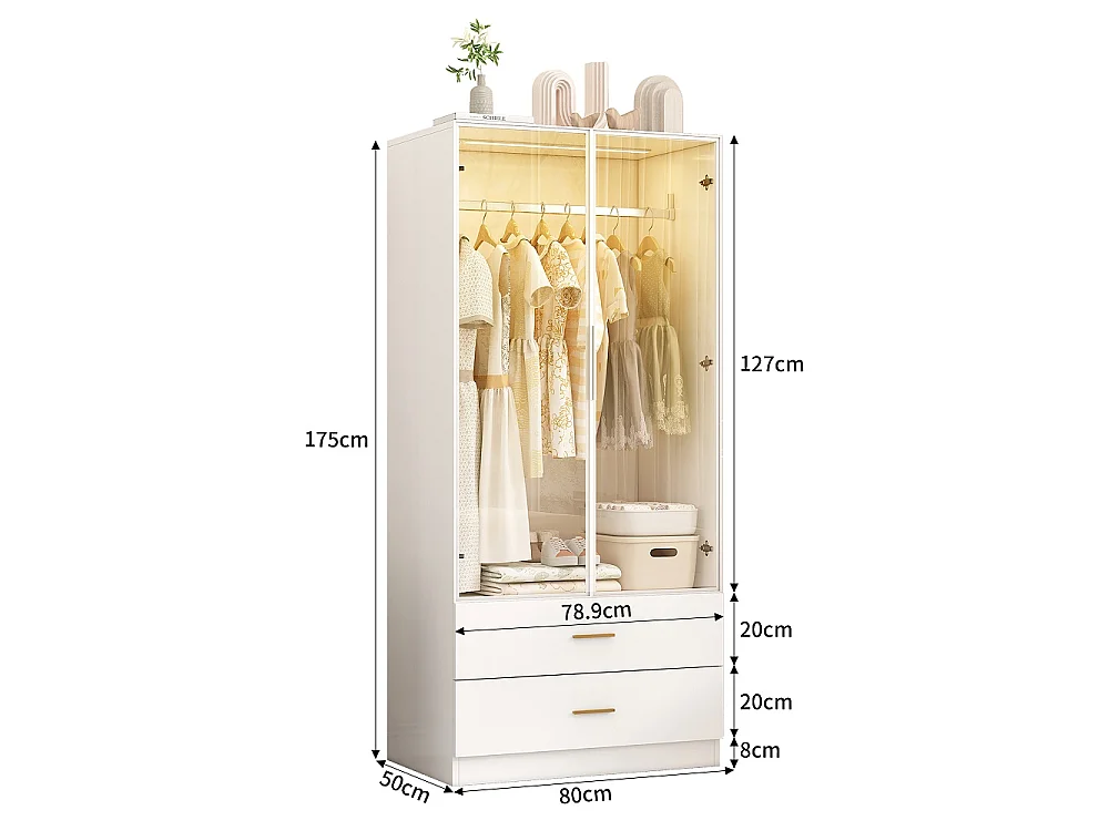 Armoire-Armoire avec éclairage LED et portes en verre-Armoire pour vêtements avec 2 tiroirs-Closets ouverts-Blanc