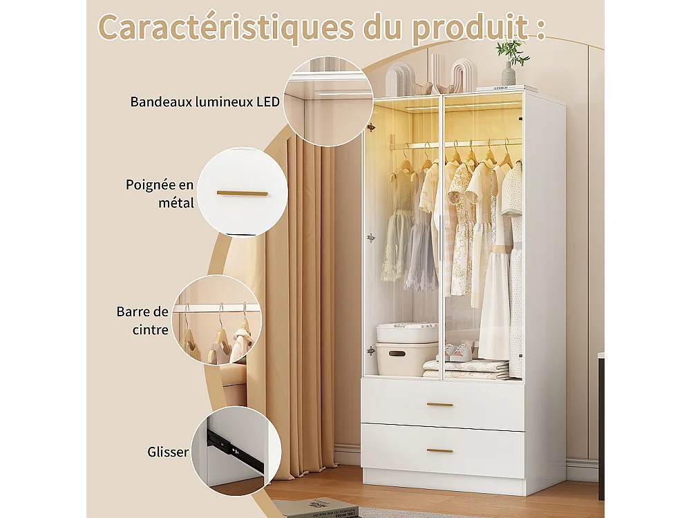 Armoire-Armoire avec éclairage LED et portes en verre-Armoire pour vêtements avec 2 tiroirs-Closets ouverts-Blanc