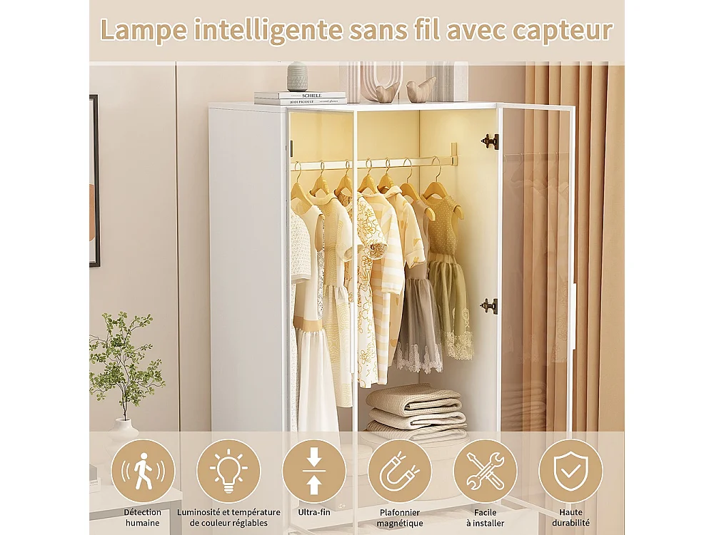 Armoire-Armoire avec éclairage LED et portes en verre-Armoire pour vêtements avec 2 tiroirs-Closets ouverts-Blanc