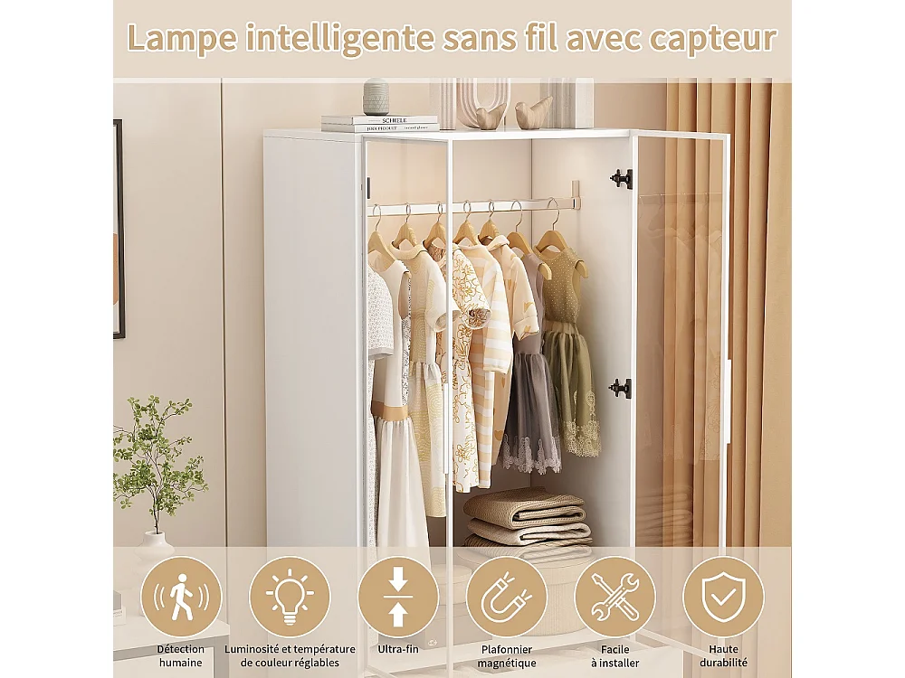 Armoire-Armoire avec éclairage LED et portes en verre-Armoire pour vêtements avec 2 tiroirs-Closets ouverts-Blanc