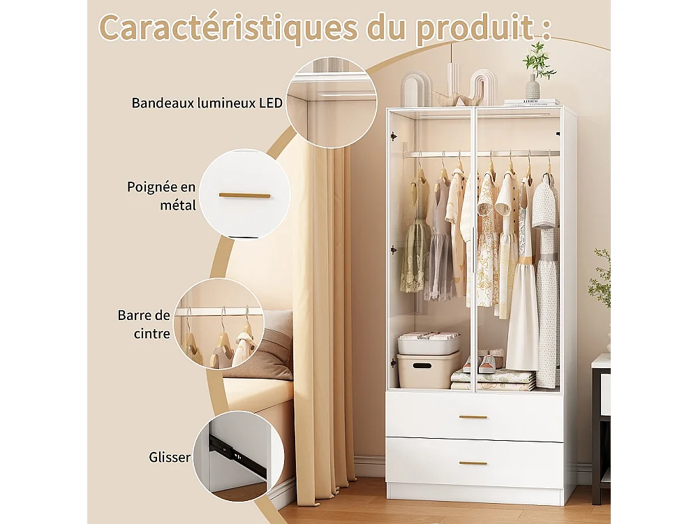 Armoire-Armoire avec éclairage LED et portes en verre-Armoire pour vêtements avec 2 tiroirs-Closets ouverts-Blanc