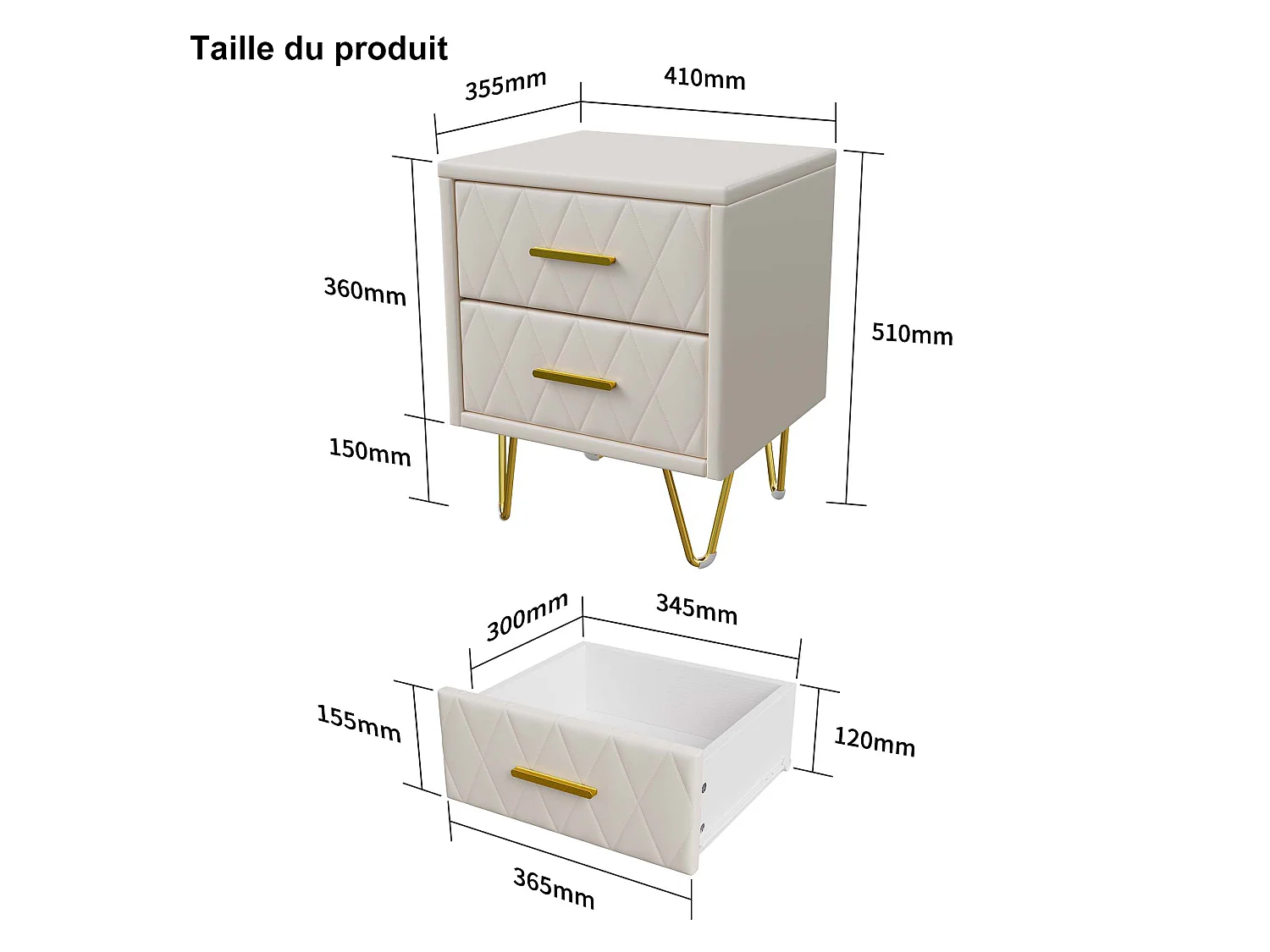 Set di 2 Comodini Imbottiti Beige con 2 Cassetti e Piedini in Metallo Dorato, 41x35,5x51 cm