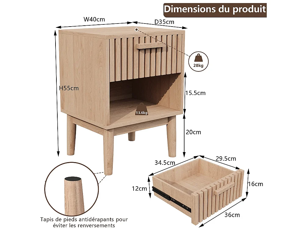 2Pcs Nightstands Set - Campagne 1 tiroir Nightstands - commode avec compartiment de rangement -Sofa Table Tables de fin - pour la chambre Salon