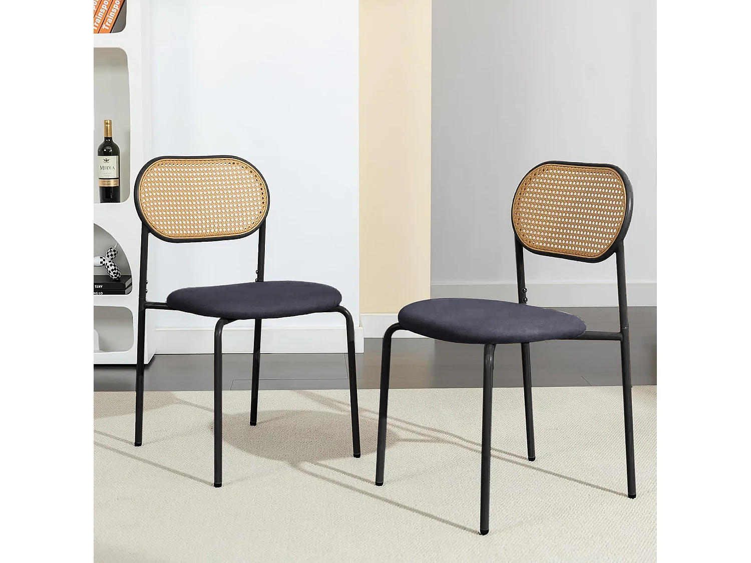 Ensemble de chaises de salle à manger 2pcs - Chaise de cuisine noire avec dossier en rattan - Chaises rembourrées pour salle à manger Salon