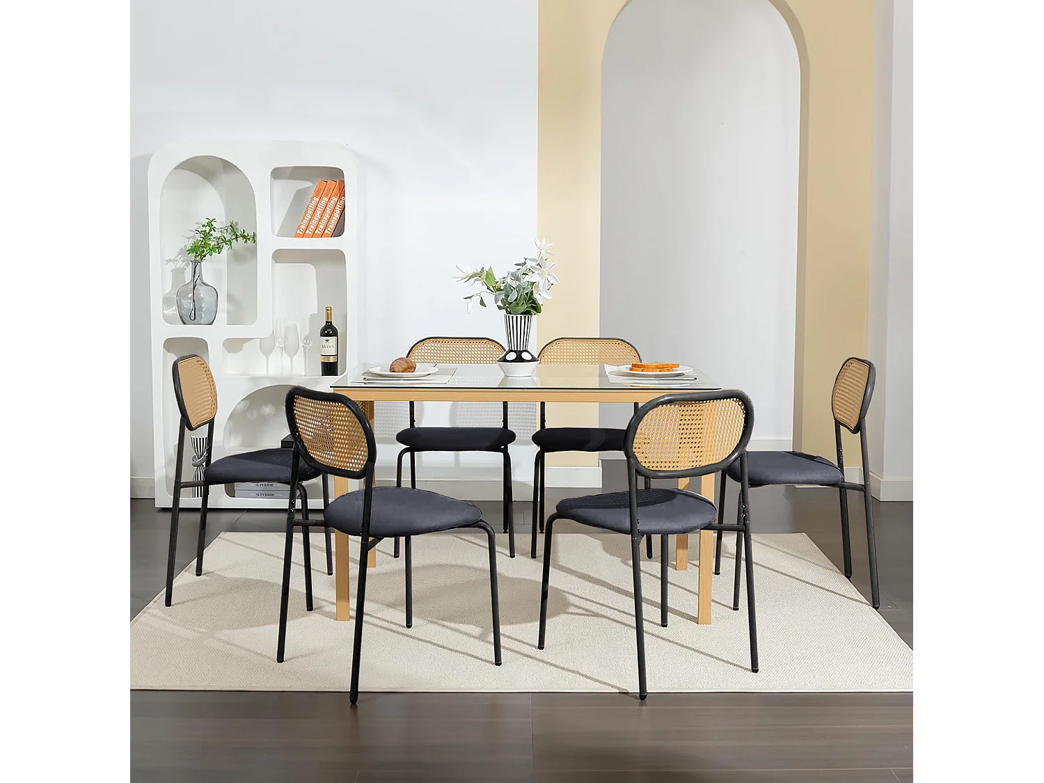 Ensemble de chaises de salle à manger 2pcs - Chaise de cuisine noire avec dossier en rattan - Chaises rembourrées pour salle à manger Salon