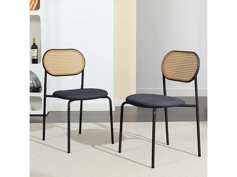 Ensemble de chaises de salle à manger 2pcs - Chaise de cuisine noire avec dossier en rattan - Chaises rembourrées pour salle à manger Salon