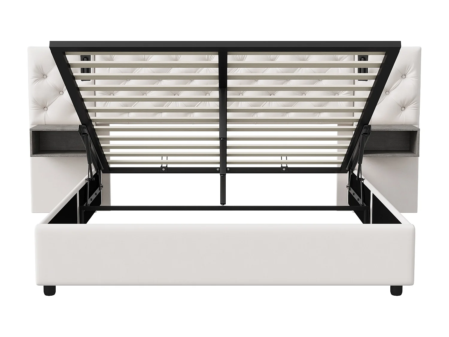 Cadre De Lit Capitonné Blanc - Rangement Hydraulique - Niches De Rangement Latérales - Lampes De Lecture Intégrées - 140 x 200