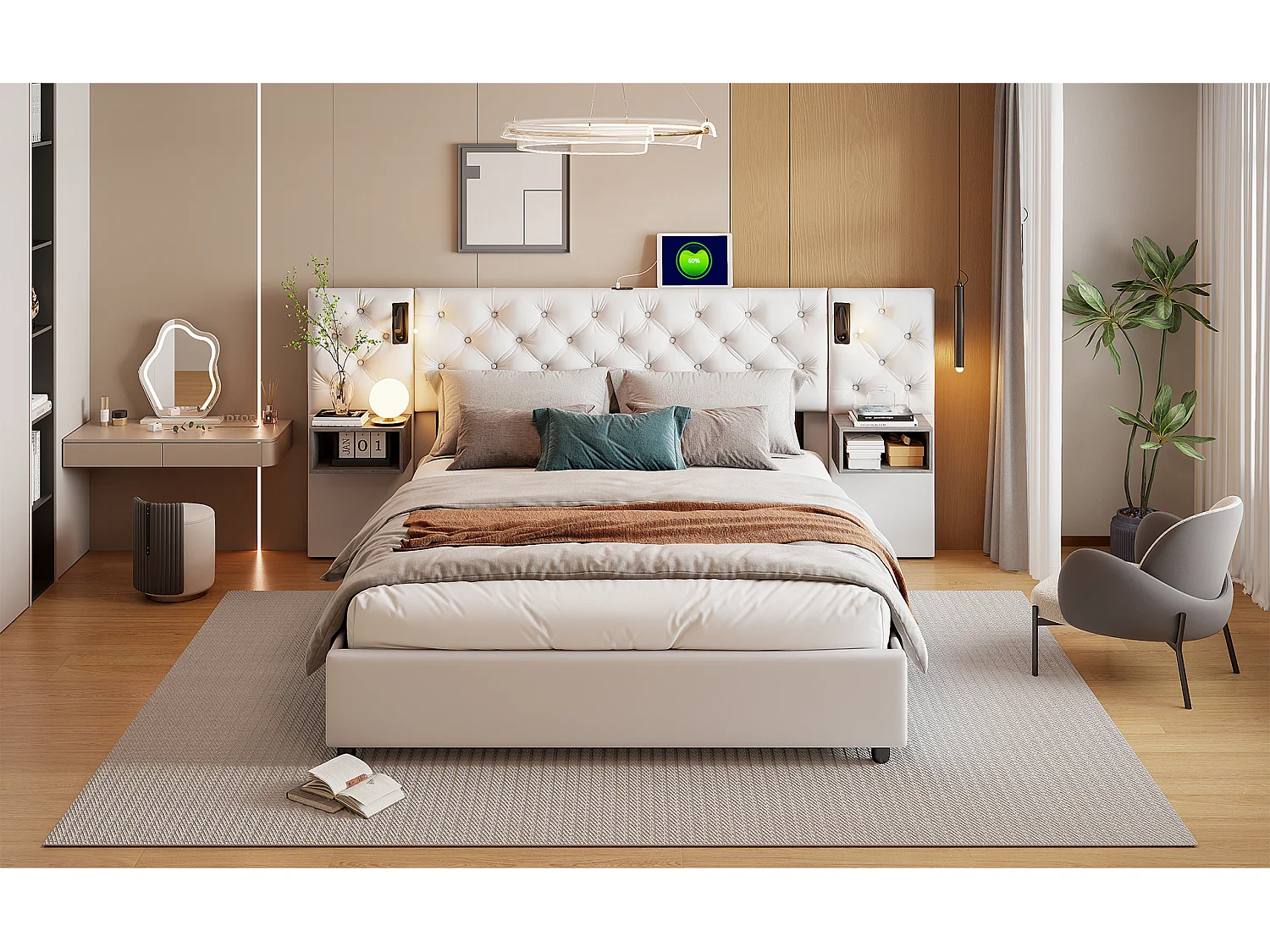 Letto contenitore 140x200 cm velluto bianco sporco con comodini, luci LED integrate e vano contenitore idraulico