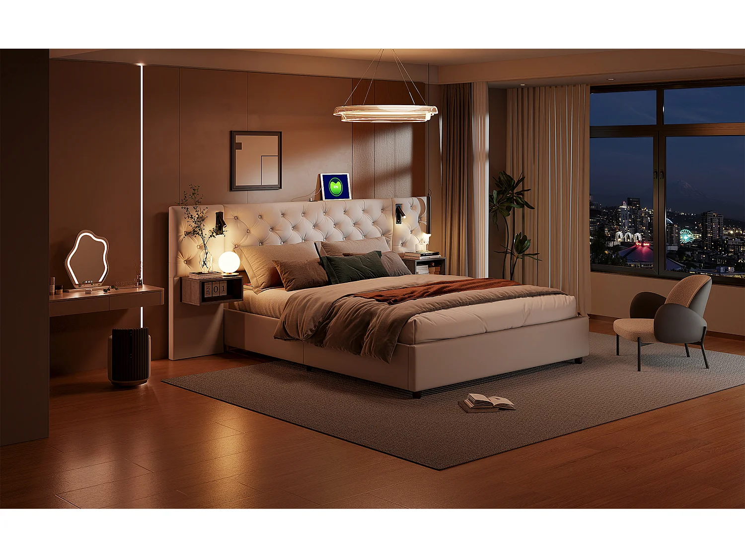 Letto contenitore 140x200 cm velluto bianco sporco con comodini, luci LED integrate e vano contenitore idraulico