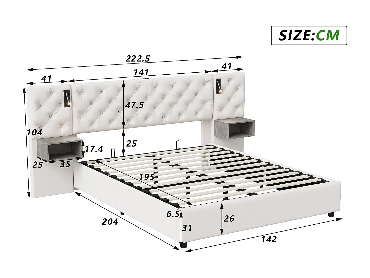 Letto contenitore 140x200 cm velluto bianco sporco con comodini, luci LED integrate e vano contenitore idraulico