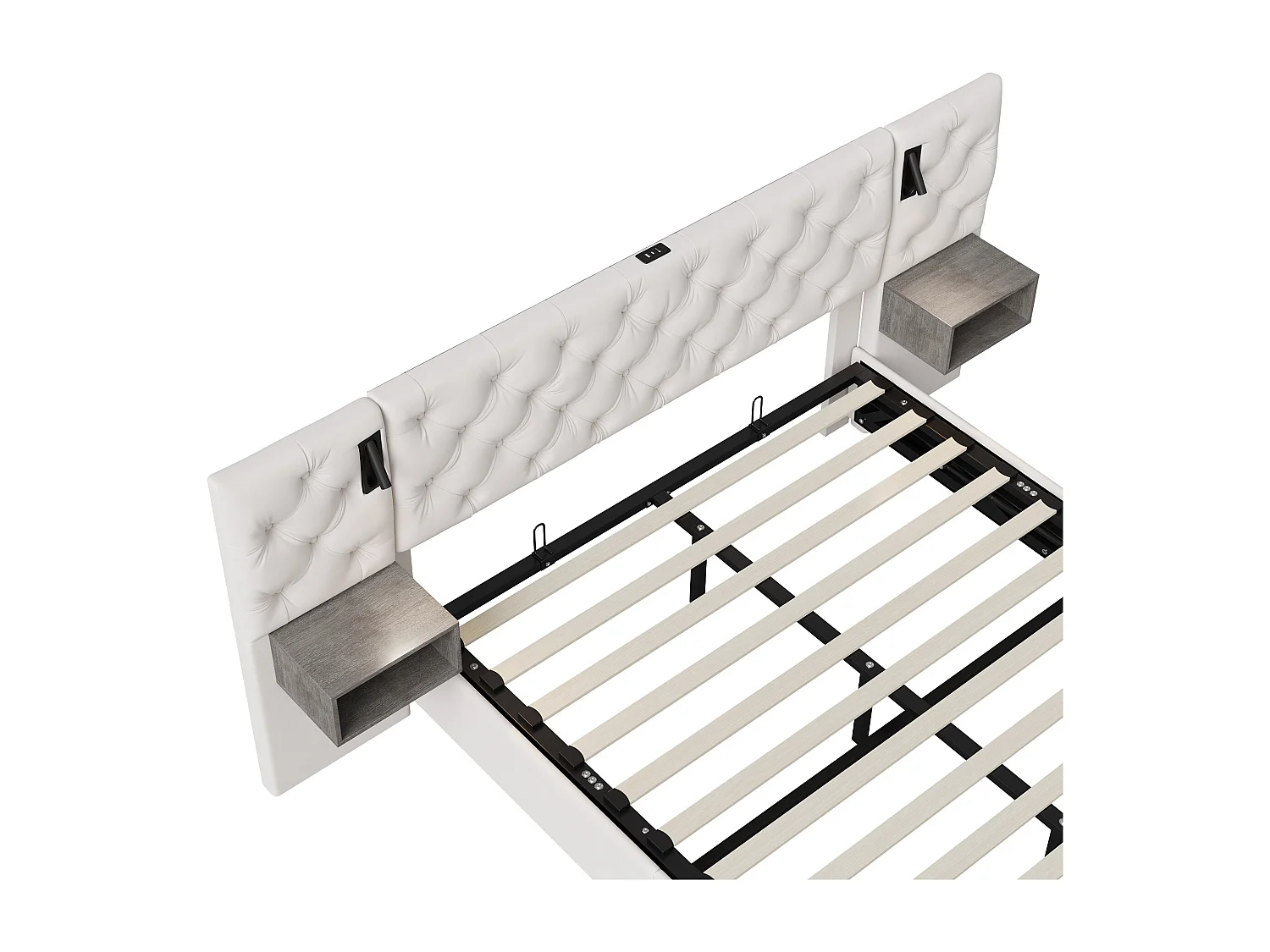 Letto contenitore 140x200 cm velluto bianco sporco con comodini, luci LED integrate e vano contenitore idraulico