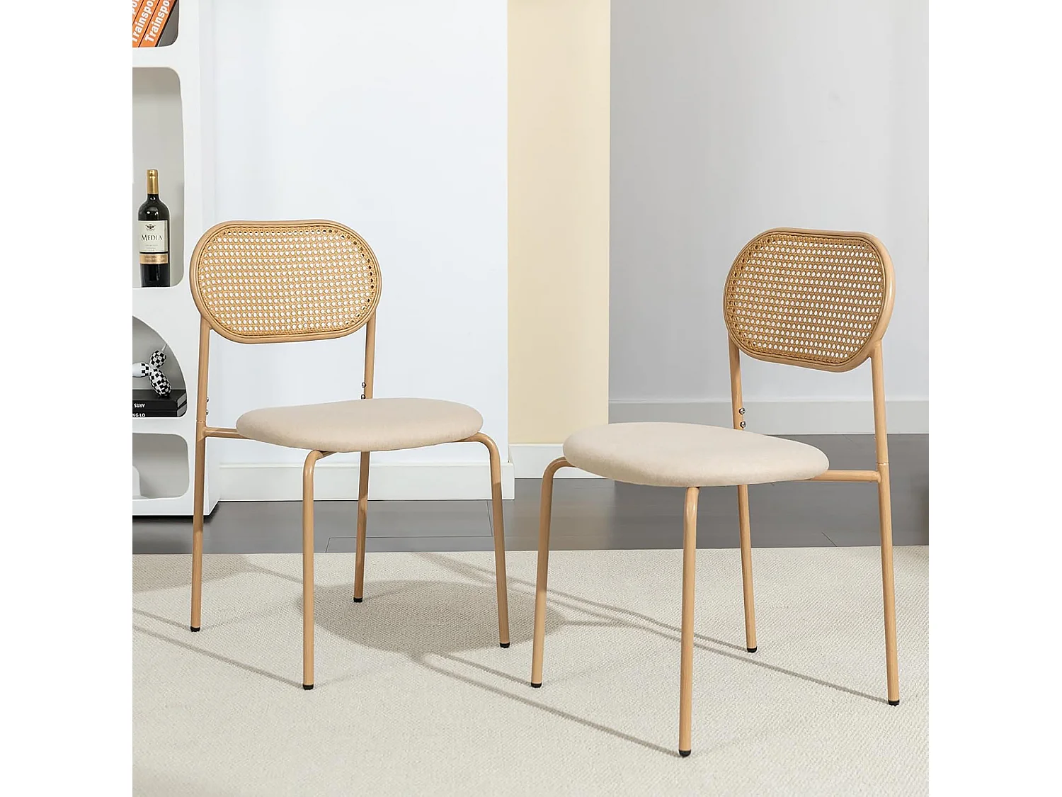 Chaises de cuisine en rattan PE - chaises à manger 2pcs avec coussin PU et jambes en métal - chaise rustique moderne - couleur naturelle