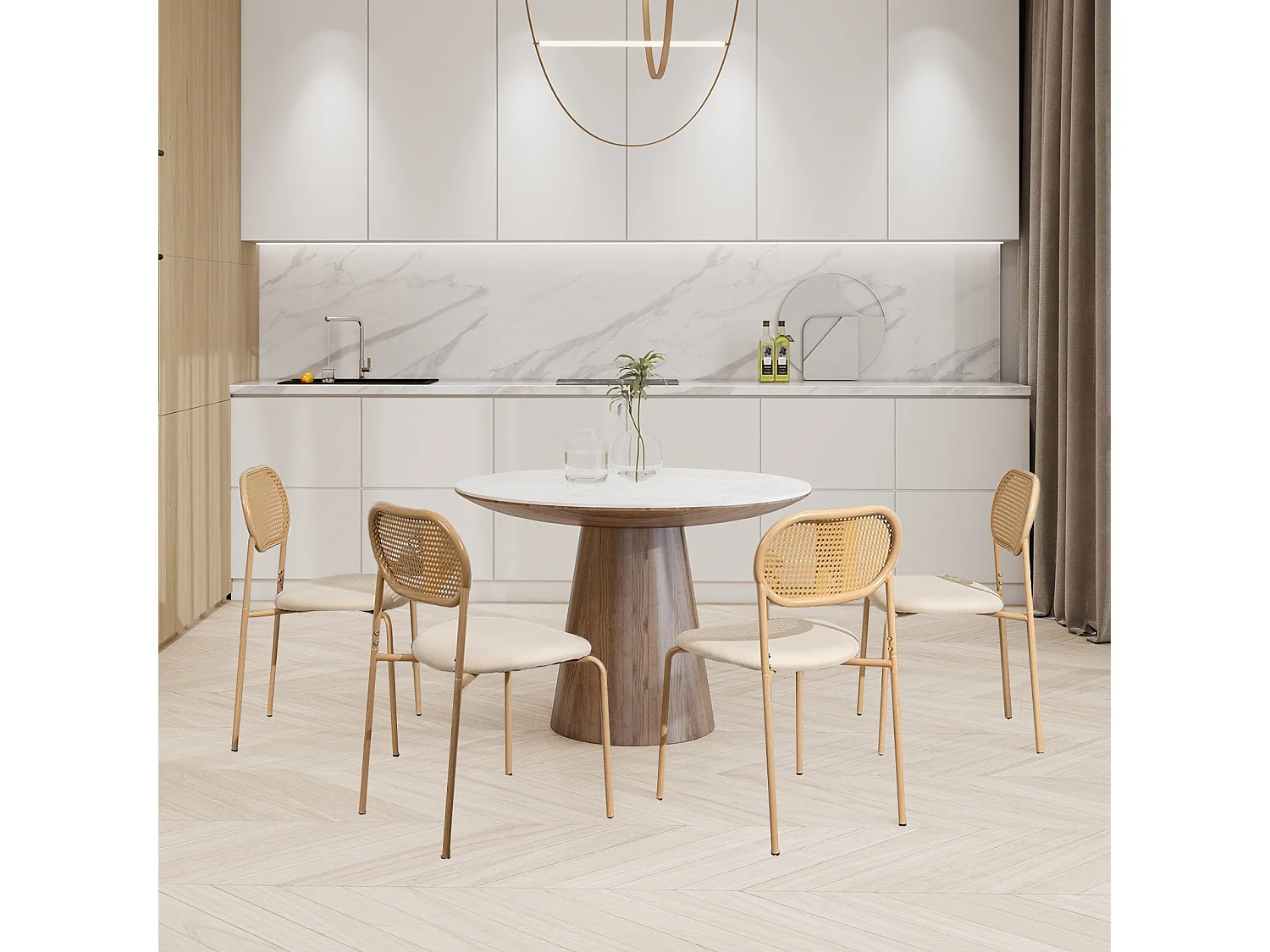 Chaises de cuisine en rattan PE - chaises à manger 2pcs avec coussin PU et jambes en métal - chaise rustique moderne - couleur naturelle