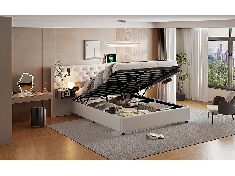 Cadre De Lit Capitonné Blanc - Rangement Hydraulique - Niches De Rangement Latérales - Lampes De Lecture Intégrées - 160 x 200