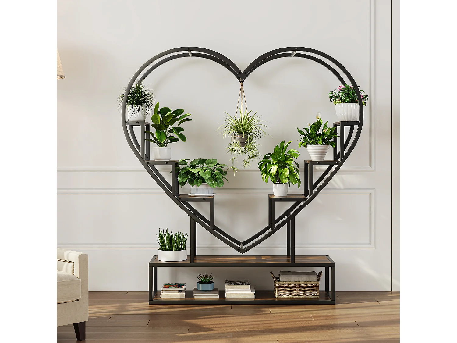 Supports de plantes en forme de cœur avec des lumières de croissance-étagère de plante en bois métallique-étagères de fleurs de coin intérieurs et extérieurs, pour