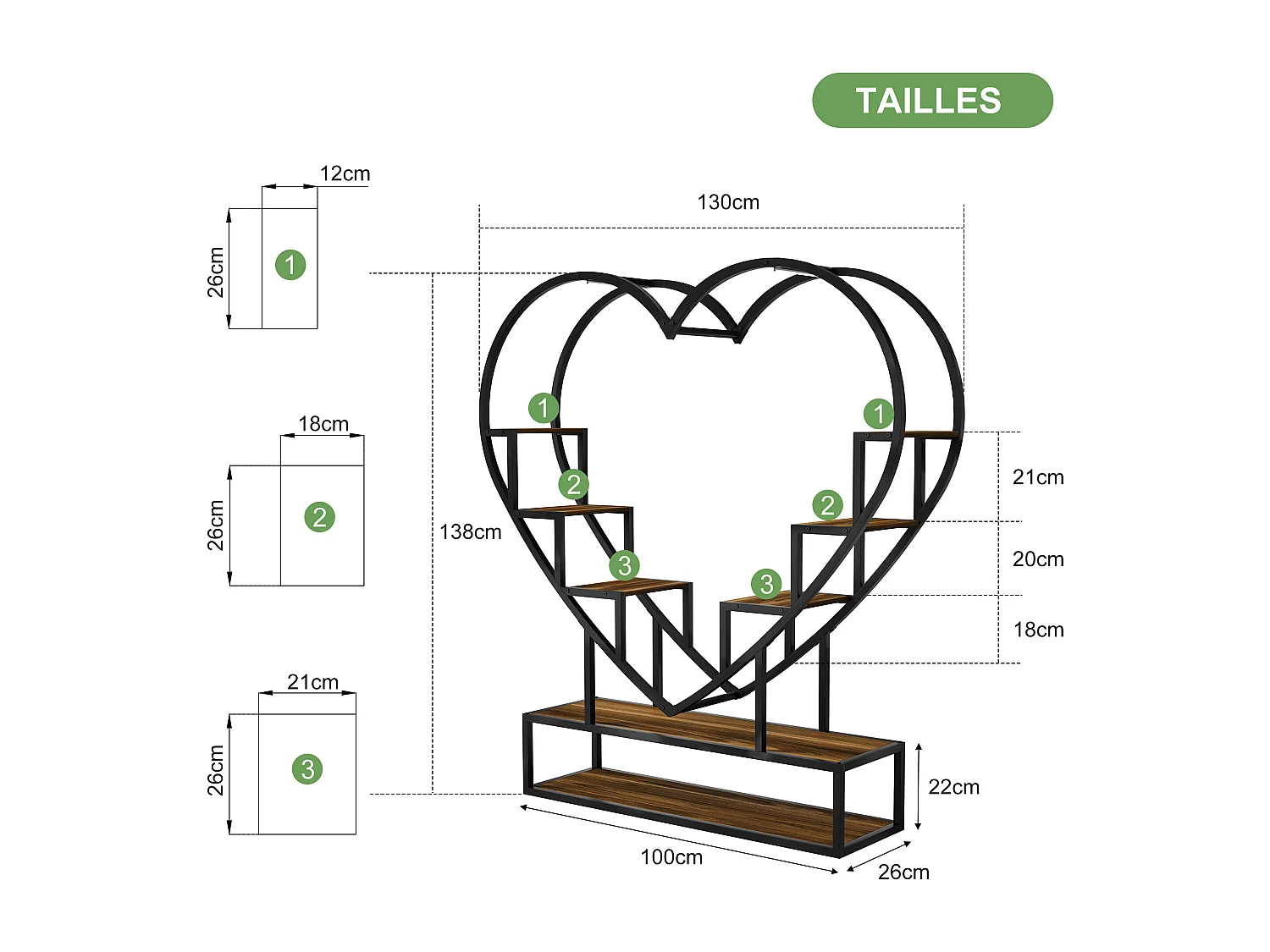 Supports de plantes en forme de cœur avec des lumières de croissance-étagère de plante en bois métallique-étagères de fleurs de coin intérieurs et extérieurs, pour