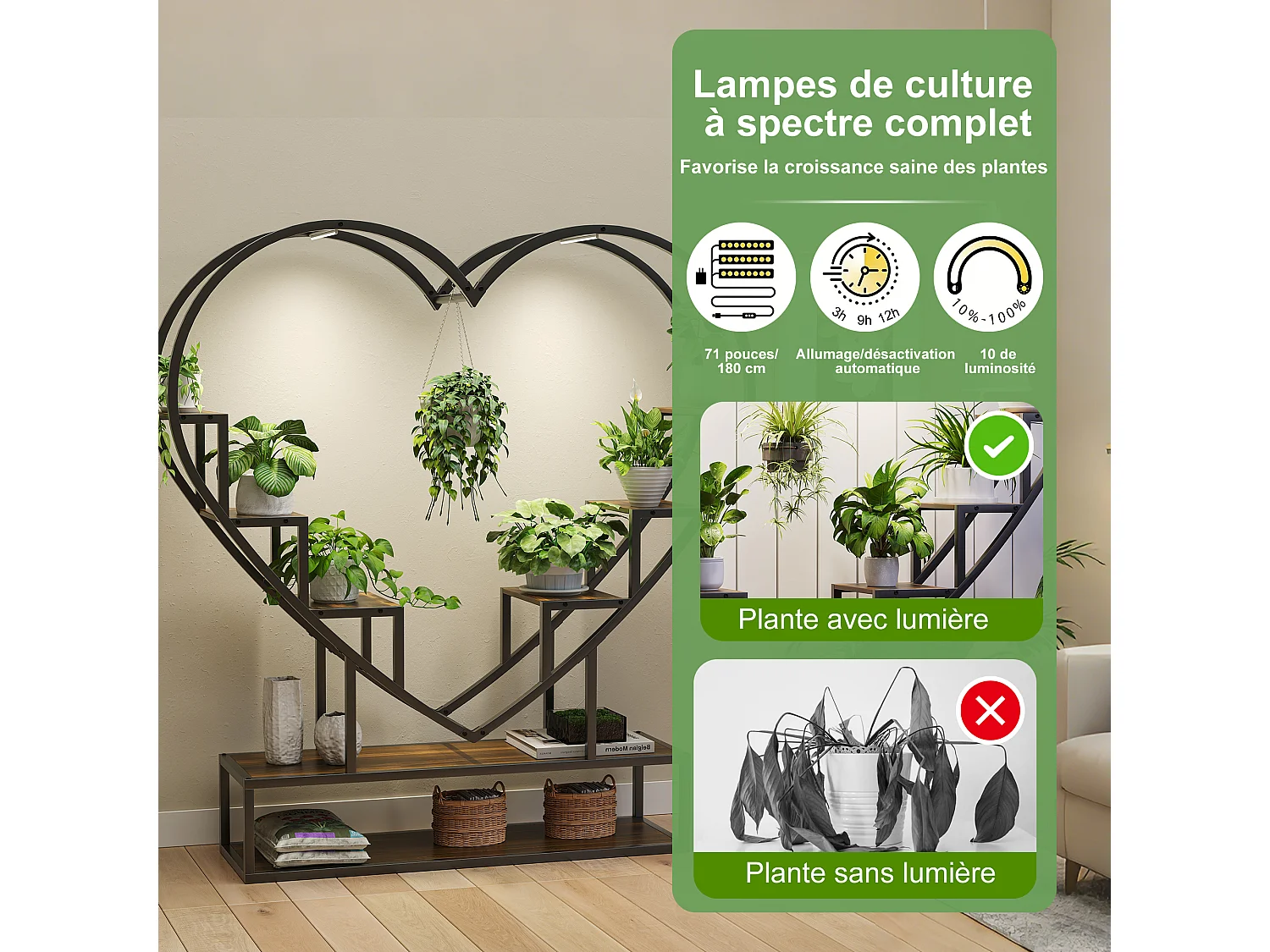 Supports de plantes en forme de cœur avec des lumières de croissance-étagère de plante en bois métallique-étagères de fleurs de coin intérieurs et extérieurs, pour