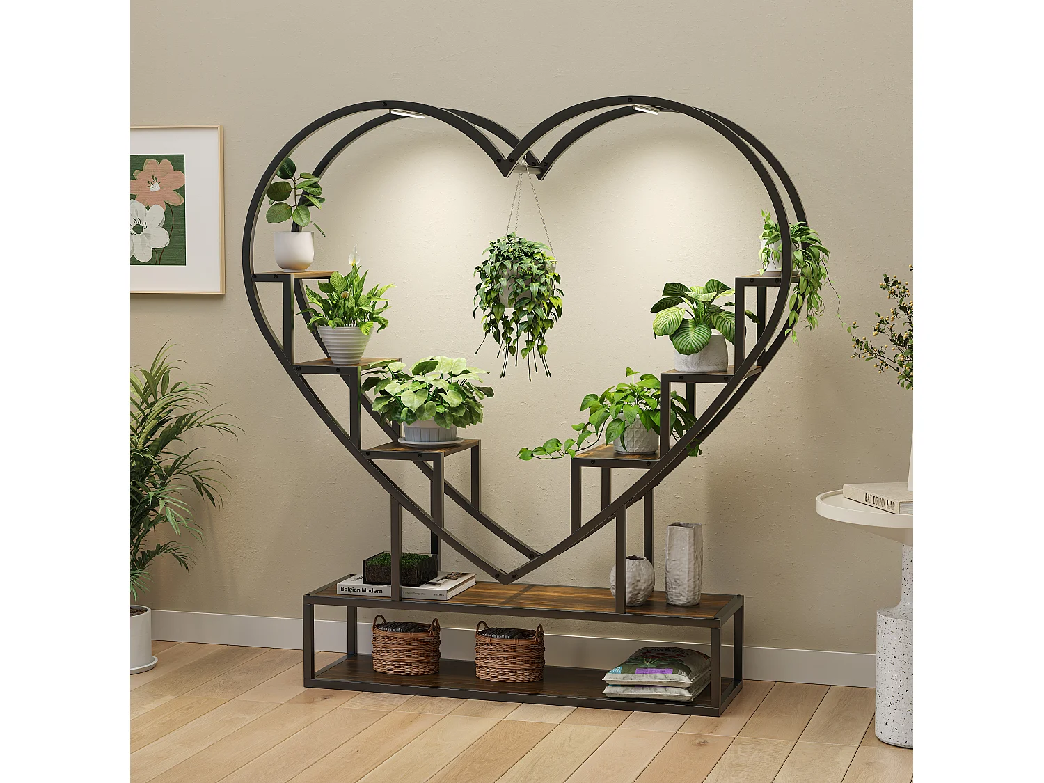 Supports de plantes en forme de cœur avec des lumières de croissance-étagère de plante en bois métallique-étagères de fleurs de coin intérieurs et extérieurs, pour