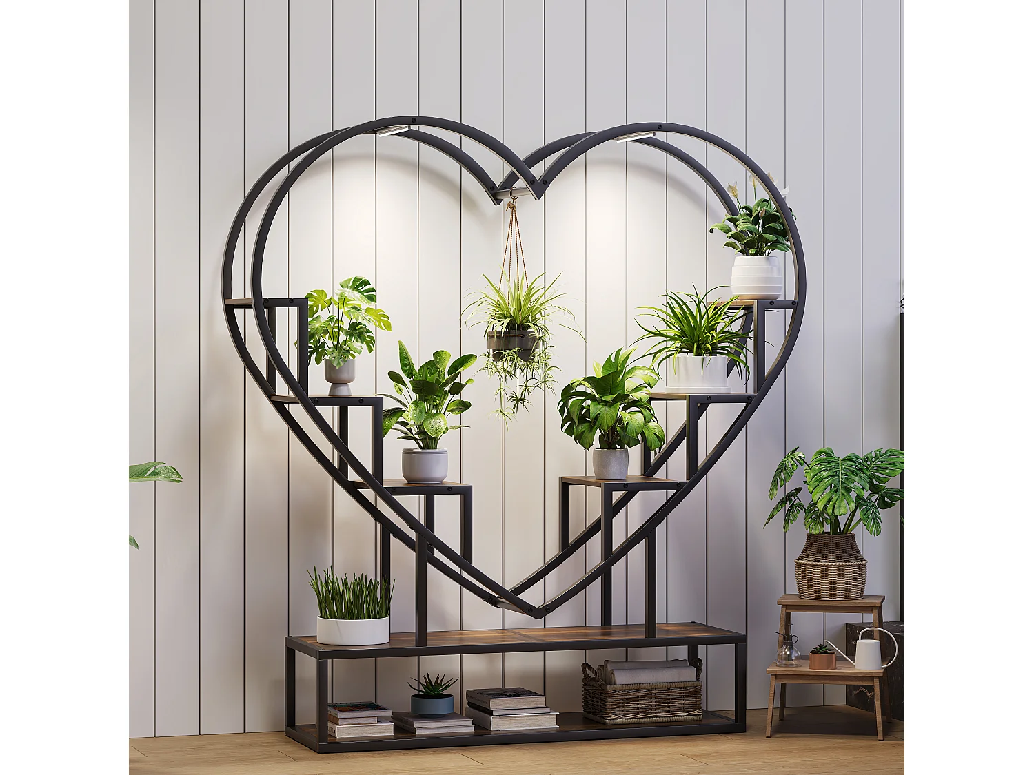 Supports de plantes en forme de cœur avec des lumières de croissance-étagère de plante en bois métallique-étagères de fleurs de coin intérieurs et extérieurs, pour