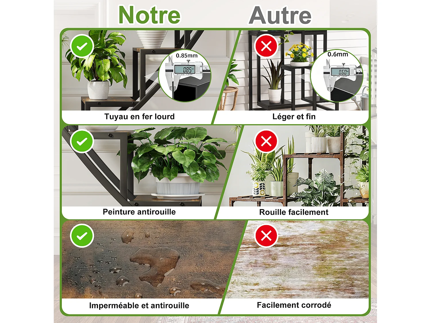Supports de plantes en forme de cœur avec des lumières de croissance-étagère de plante en bois métallique-étagères de fleurs de coin intérieurs et extérieurs, pour
