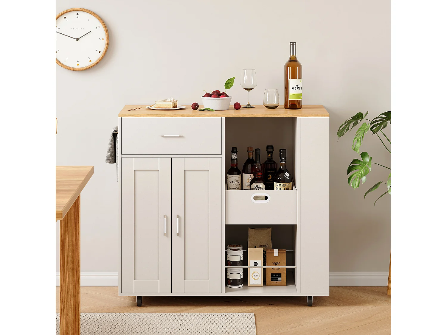 Mobile île de cuisine, avec tiroir, étagère ouverte et grand armoire, chariot de cuisine avec roue, côté avec 3 étagère de condiments-blanc