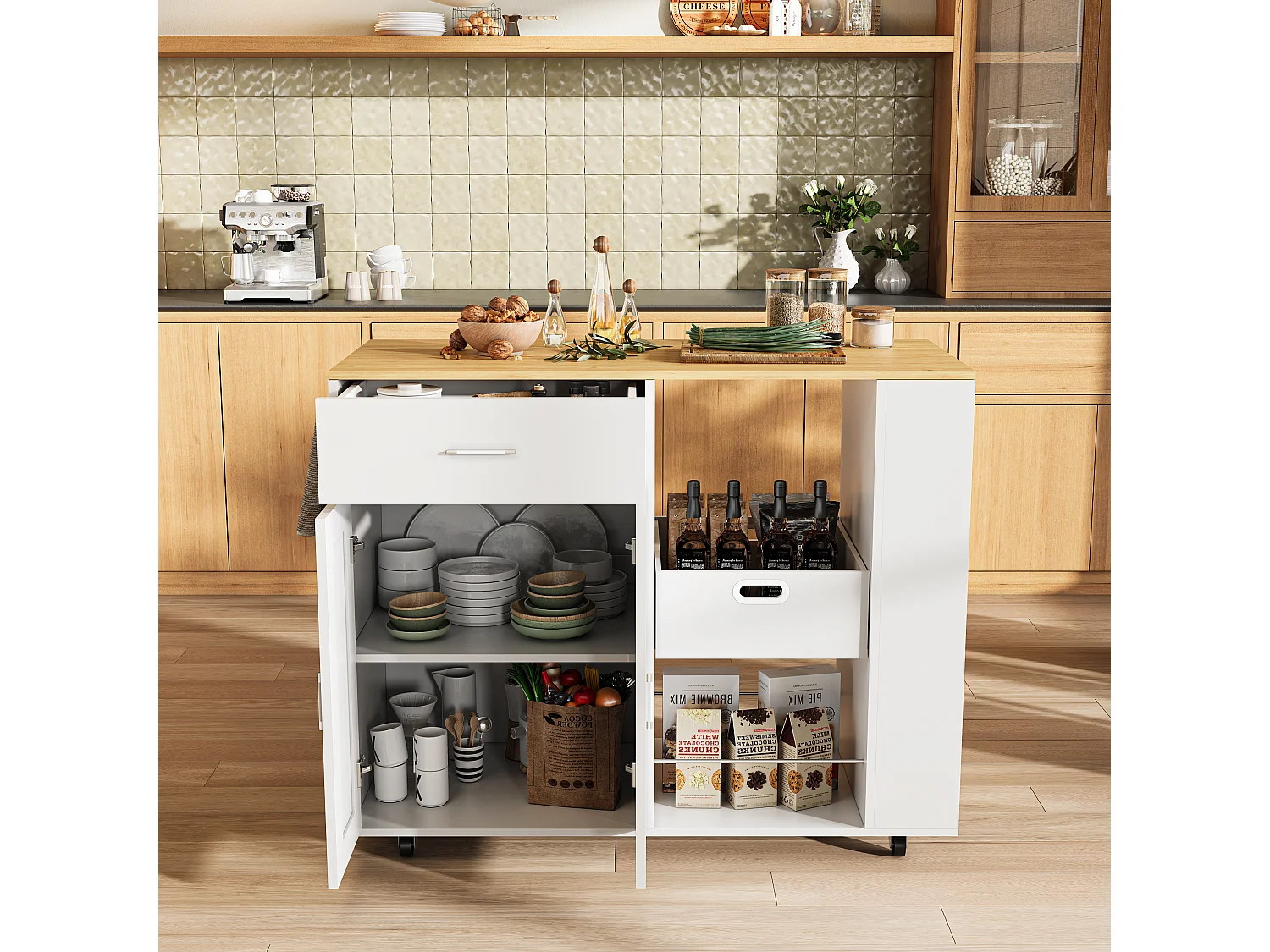 Mobile île de cuisine, avec tiroir, étagère ouverte et grand armoire, chariot de cuisine avec roue, côté avec 3 étagère de condiments-blanc