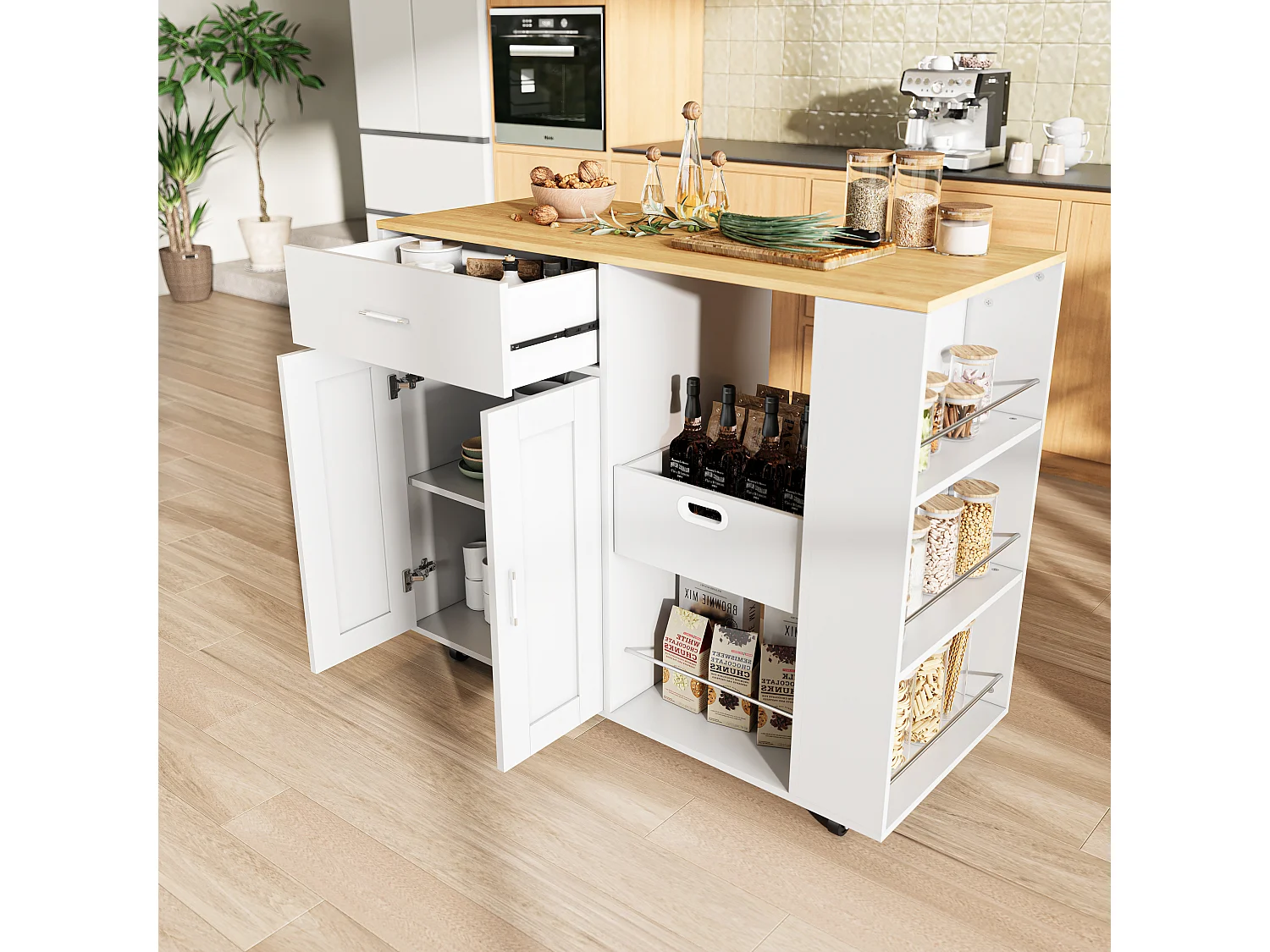 Mobile île de cuisine, avec tiroir, étagère ouverte et grand armoire, chariot de cuisine avec roue, côté avec 3 étagère de condiments-blanc