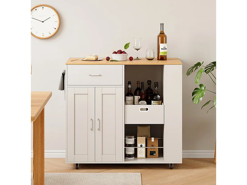 Mobile île de cuisine, avec tiroir, étagère ouverte et grand armoire, chariot de cuisine avec roue, côté avec 3 étagère de condiments-blanc