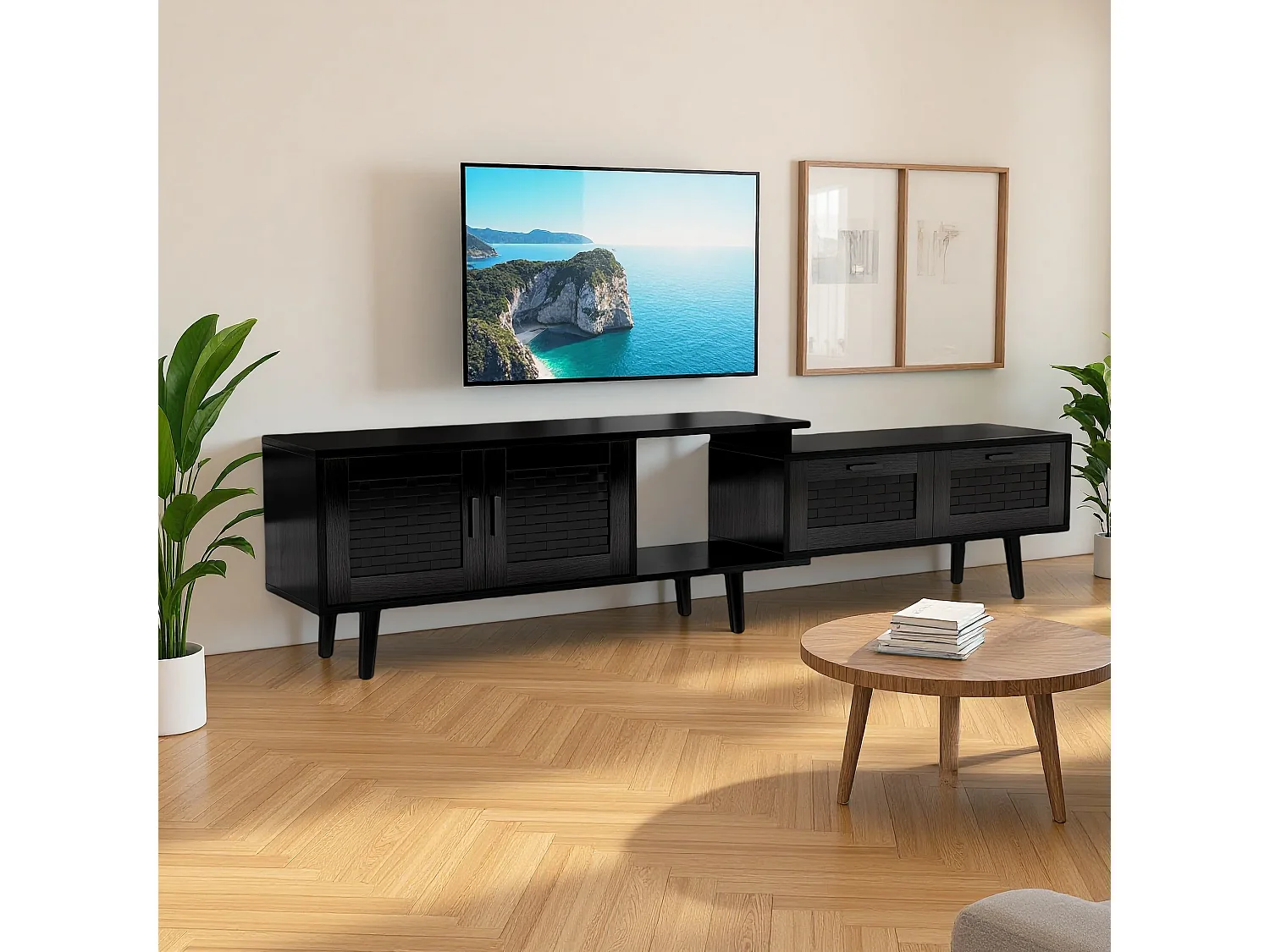 146CM/180CM Scalable Rattan TV Cabinet-TV Stands avec 2 tiroirs et 2 portes de stockage Cabinet-Salon TV Table-Noir