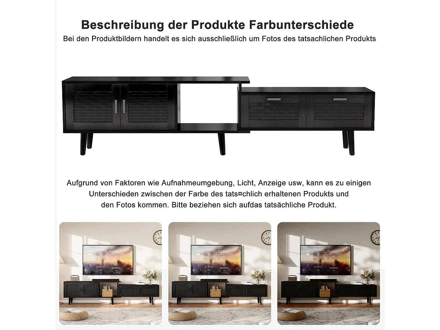 146CM/180CM Scalable Rattan TV Cabinet-TV Stands avec 2 tiroirs et 2 portes de stockage Cabinet-Salon TV Table-Noir