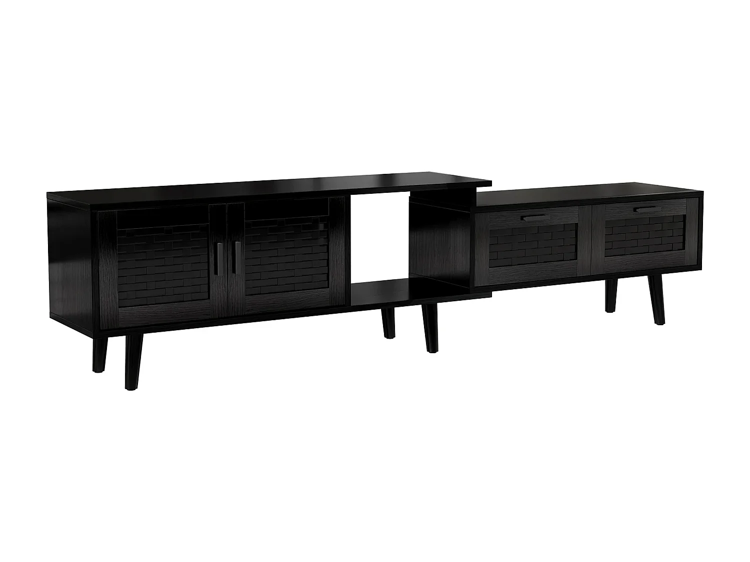 146CM/180CM Scalable Rattan TV Cabinet-TV Stands avec 2 tiroirs et 2 portes de stockage Cabinet-Salon TV Table-Noir