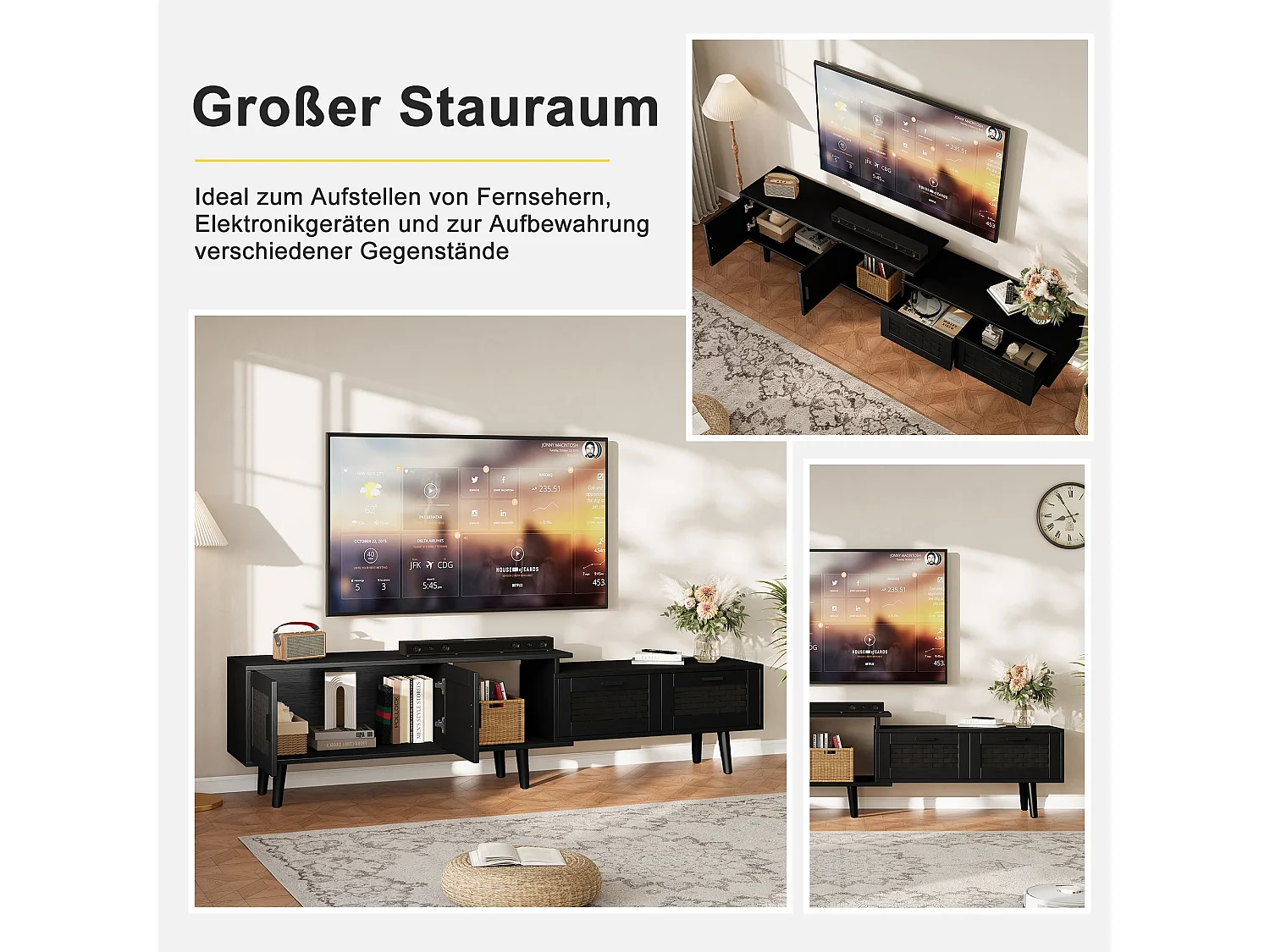 Justerbar Rattan TV-skåp med 2 lådor och 2 förvaringsdörrar - 146-180cm Svart TV-stativ